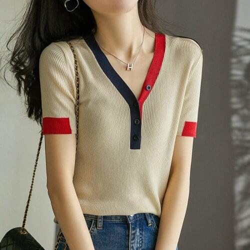 2021 Women Basic Knitted T Shirt Blue V Neck Short Sleeve Vantage Tee Shirts Femme T-shirt Woman Korean Camisetas Feminina Tops