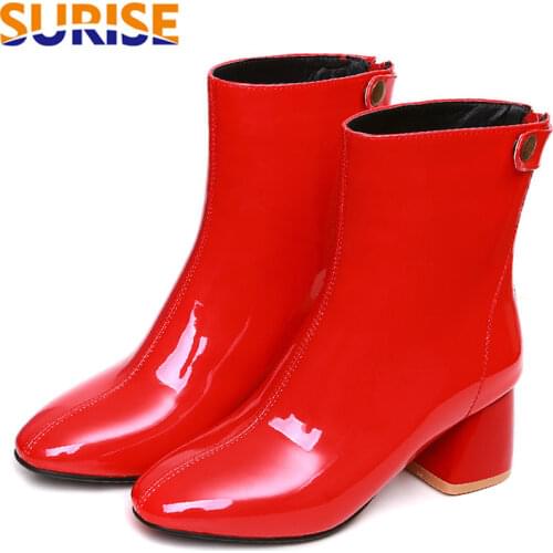 Winter Patent Leather Women Ankle Boots 6cm Hoof Square High Heel White Casual Office Ladies Round Toe Button Zipper Short Boots