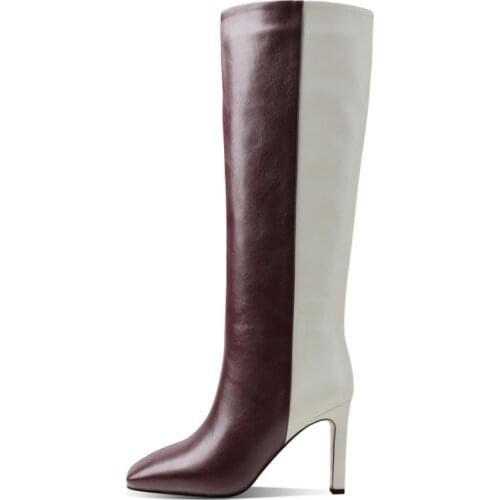 New Big Size Womens Shoes Autumn Winter Square Top Thick Heel Knee High Knight Long Boots Splicing Black White Brown Wine Red