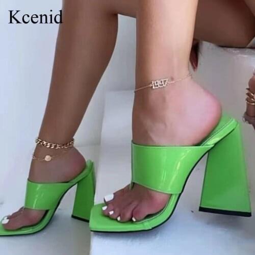 Kcenid 2021 New Summer Slippers Women Patent Leather Green Red Sandals Square Toe Thick-Soled High Heels Flip Flops Party Shoes