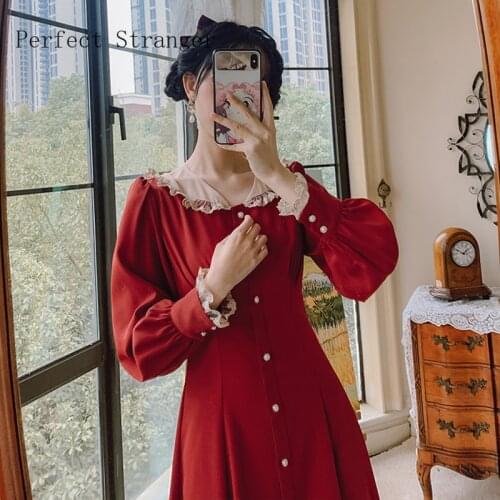 2021 Autumn New Arrival High Quality Korean Retro Lace Peter Pan Collar Long Sleeve Collect Waist Women Long Dress