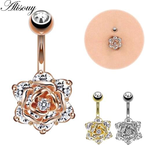 Alisouy 1 PCS sex Navel jewelry Belly piercing Rose flower navel piercing cute belly button rings piercing navel surgical steel