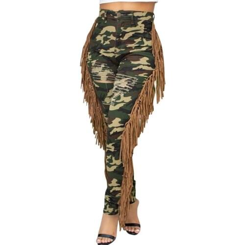 Military Camouflage Pants for Women Tassel Hole Rip High Waist Pants Slim Streetwear Camo Pencil Pants Trousers Pantalon Femme