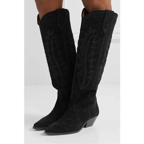 Black Suede Embroidery Knee-length Boots Trendy Shoes Women Motorcycle Boots Martin Boots 2021 Winter Boot Botas Feminina Shoe