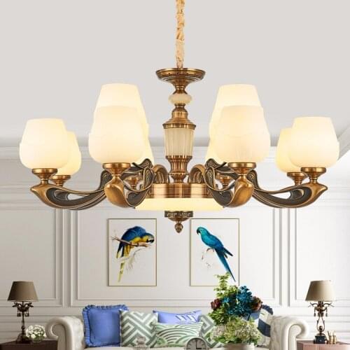 European Luxury LED Chandelier Lighting American Retro Zinc Alloy Jade Hanging Lamp for Living Room Villa Lobby Hotel Fixtures