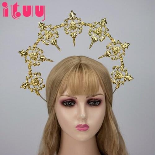 Handmade KC Halo Headpiece Gothic Lolita Virgin Mary Goddess Sun Gold Halo Crown Headband Baroque Hair Accessories
