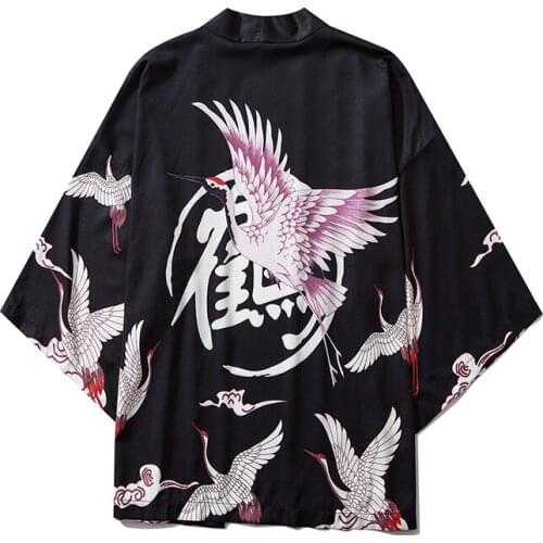 Japan Style Crane Print Men Streetwear Kimono Cardigan Robe Men Unisex Japanese Trend Kimonos Asian Black White Clothes