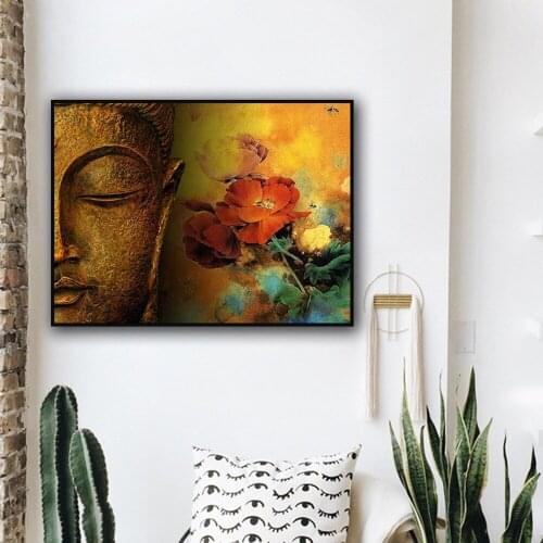 Chinese Zen Buddha Canvas Painting Religious Belief Buddha Flower Poster Living Room Living Room Aesthetic Decorative Pictures
