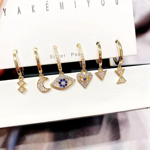 MIGGA 6pcs CZ Crystal Evil Eye Heart Hanging Earrings Set Gold Color Plated Cubic Zircon Women Jewelry
