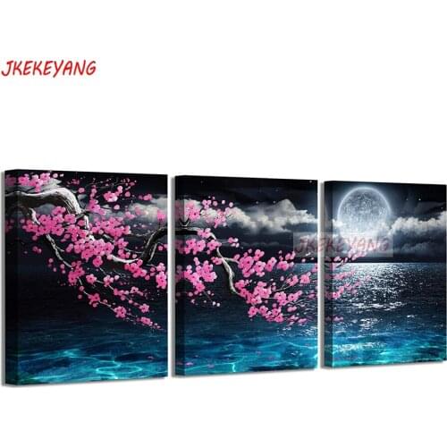 3pcs 5D Diy round/square diamond painting Sea night view and plum blossoms Diamond Mosaic Embroidery cross stitch Y3586