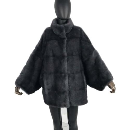 Middle-long real mink fur coat with batwing sleeve standing collar Loose Mink Fur Coats Long new style female Genuine fur over