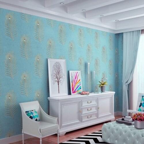 Wellyu embroidery wallpaper Continental 3D drilling non - woven peacock blue feather bedroom living room TV background wal