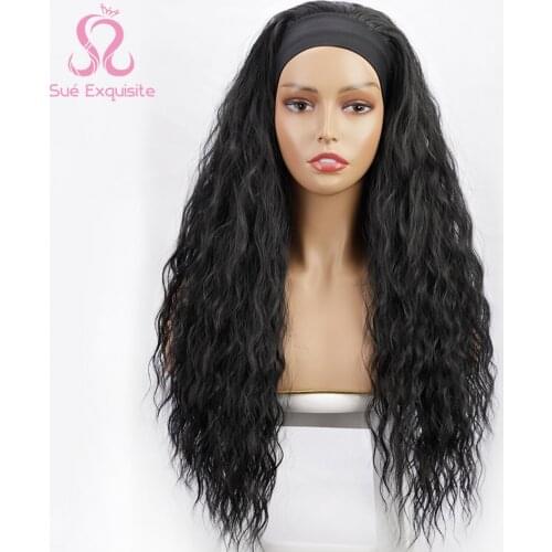 Headband Wig for Black Women Water Wavy Wig Synthetic Body Wavy Wig Scarf Wig Glueless Full Wig Color Black Wavy Wigs