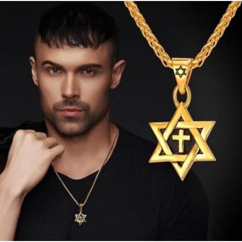 Mens Star of David Necklace Stainless Steel/Gold Chain Cross Megan David Pendant Jewish Jewelry