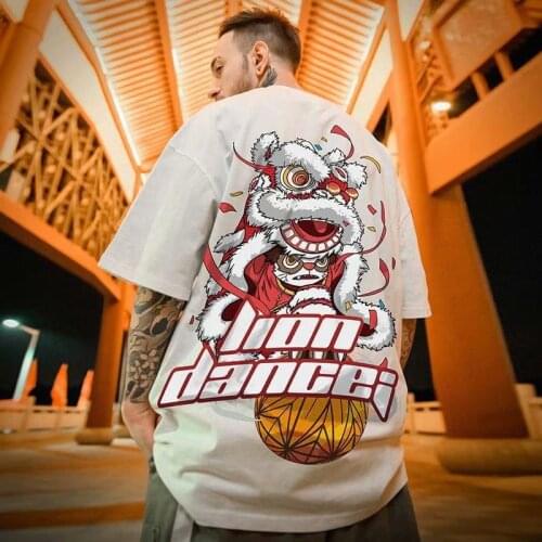 Trend Couple Summer Lion Dance Mens Wear Plus Size Chinese Style Short Sleeved Mens Oversized T Shirt