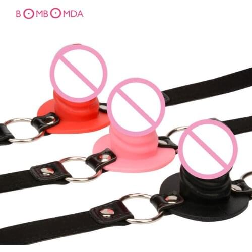 Adult SM Silicone Dildo Gag Oral Sex Penis Mouth Plug Penis Gag Locking Buckles Leather Bondage Sex Product For Couples Games