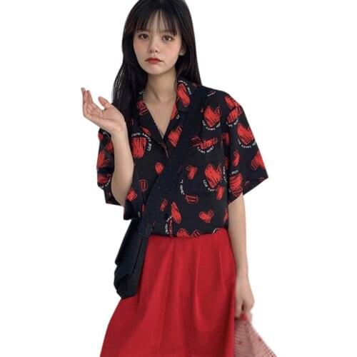 Womens Love Print Loose Casual Sweet Blouses V Neck Korean Style Chiffon Short Sleeve Shirt