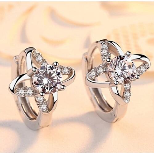 New Arrival 925 Silver Women Earrings Jewelry Female Shining Zircon Clover Hoop Ear Accessories Girl Earrings For Birthday Gift