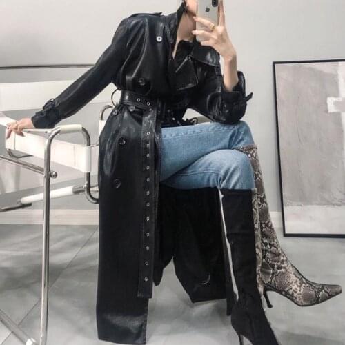 Tie up black long pu leather trench coat women long sleeve double breasted fashion Faux leather overcoat
