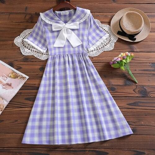 Mori girl cute kawaii sweet dress summer fashion shoet sleeve women plaid dress