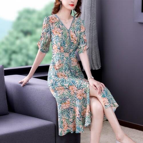 2021 Vintage Casual Print Chiffon Beach Dress Summer Red Floral Mulberry Silk Midi Dresses Women Elegant Bodycon Party Vestidos
