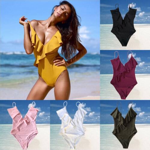 2020 Women Sexy Casual Solid Color V Neck Ruffles Padded Push Up One Piece Suits Bathing Beach Holiday Surfing Swimsuit Monokini