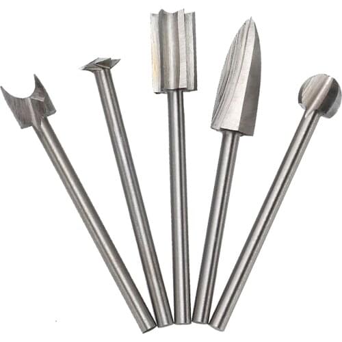 5pcs Electric Woodworking Carving Drill Bit 3x3/5/8mm Electric Root Carving Grinding Head Three-blade Embryo Grinding Tool