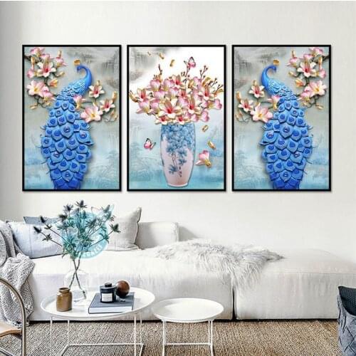 DIY 5D Sale Round/Square Diamond Embroidery, Mosaic, Blue Peacock, Flower Vase, 3 Picture seperate, Full, Painting Cross Stitch