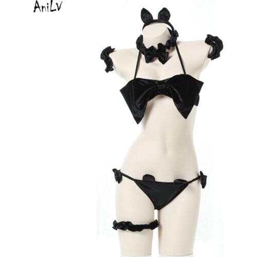 AniLV Cute Girl Chest Bow Bikini Swimsuit Costume Kawaii Cat Black Swimwear Uniform Pool Party Cosplay