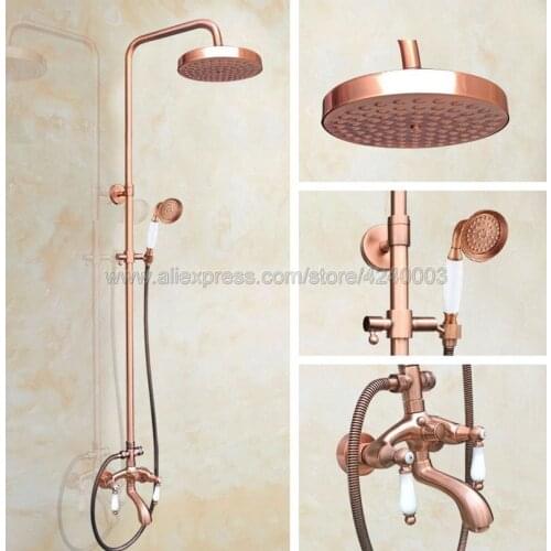 Antique Red Copper Shower Faucet Wall Mount Rain Shower Set Faucet Bathroom Dual Handheld Bathtub Mixer Tap Krg565