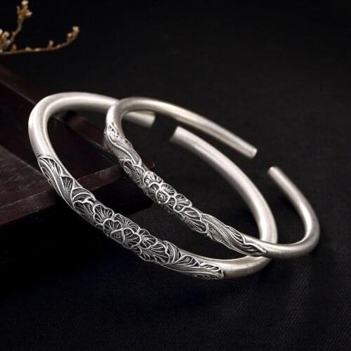 100% S999 Pure Silver colour Peony Flower Matte Open Bangles for Lady About 17cm Bracelet Fashion Jewelry Accessories Esposas