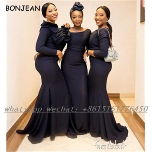Black Long Sleeve Bridesmaid Dresses 2021 Mermaid Elastic Satin African Bridesmaid Dress Plus Size for Women Wedding