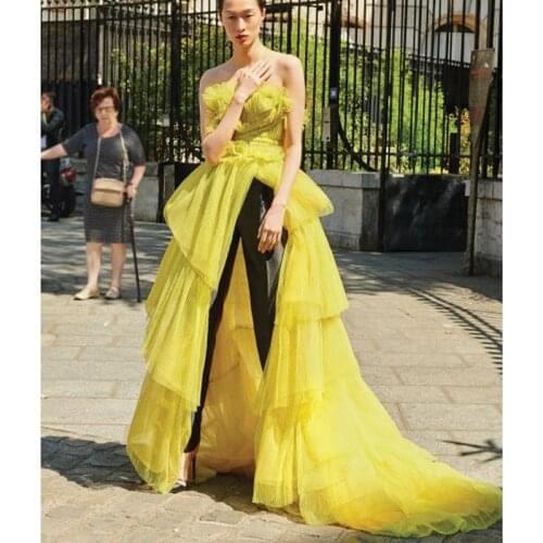 Chic Lime Green Ruffles 2019 Prom Formal Dresses Party Gowns Corset Draped Irregular Tulle Evening Gowns Long Train NO PANTS