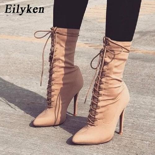 Eilyken 2021 New Stretch Fabric Women Ankle Boots Pointed Toe High Heels Sexy Lace-Up heels Apricot Chelsea Boots size 35- 40