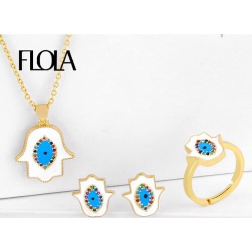 FLOLA CZ Gold Blue Evil Eye Necklace Sets For Women Crystal Fatima Hand Necklaces Enamel Eye Necklace Rainbow Jewlery Set nkeq36