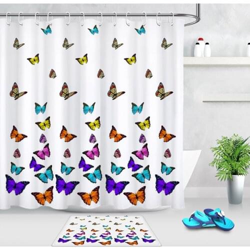 Colorful Butterflies Pattern Shower Curtain for Bathroom Doormat Waterproof Polyester Fabric Shower Curtains Screen or Floor Mat