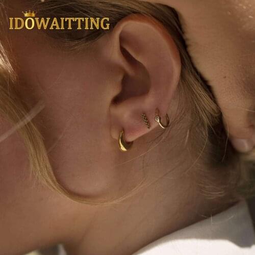 Minimal Delicate Simple Women Girl Wholesale Jewelry Geometric High Polished Gold Color Metal Mini Hoop Huggie Chunky Earrings