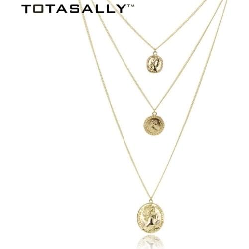 TOTASALLY Coins Necklaces Fashion Hot Multichain Queen Head Half Penny Pendants Necklaces for women Alloy Pattern Mujer Bijoux