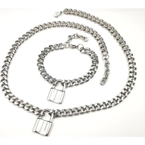 Mens Cool Jewelry Set Stainless Steel Lock Pendant Charms bracelet + necklace Curb Chain For Friends Gifts 24''+9'' 10mm wide