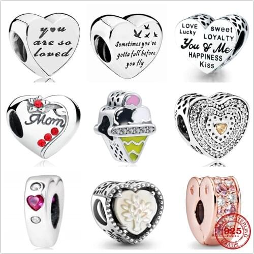 New 925 Sterling Silver Engraved heart-shaped beads Fit Pandora Charm Silver 925 Original Bracelet DIY Jewelry For Women