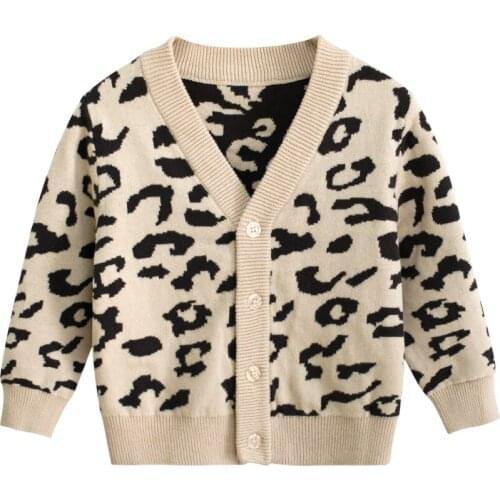 1-9Y Autumn Winter Baby Girls Warm Sweaters Coats Leopard Print Long Sleeve Single Breasted V Neck Causal Outfits ropa de bebe