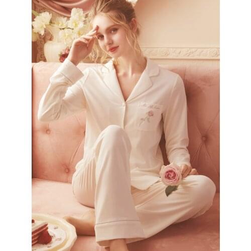 Free Shipping 2021 New Fall Princess Womens Pajamas Long Pants Set White Sleepwear Pink 95% Cotton pijamas femininos verao