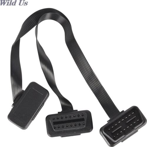 Flat 16Pin ELM327 OBD2 Male To Dual Female Y Splitter Elbow Extension Cable Lead 30CM