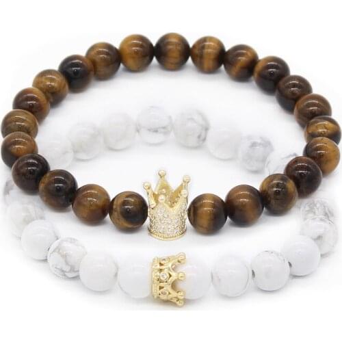 Poahfeel 8mm Tiger Eye & White Howlite Stone Beaded Bracelets His And Hers Bracelets For Lovers Distance Jewelry Mbr170368