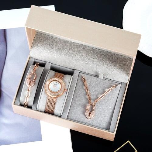Girls Gift Sets 3Pcs/Set Wrstwatchwomen IP Gold Plated Band Waterproof 30m Case and Stainless Steel Necklace Bracelet Gift Set