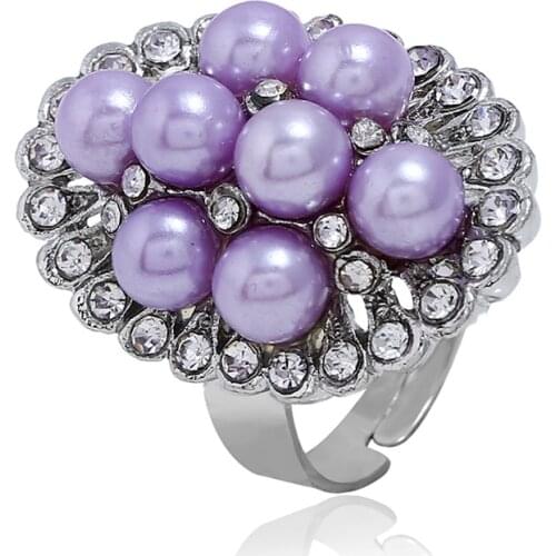 Black Gun Plated Purple Pearl Beads Rhinestone Adjustable Rings for Women Girls Fashion Jewelry