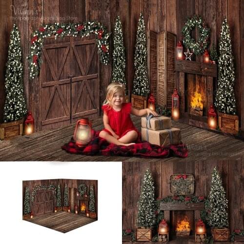 Wood Door Christmas Backdrop Kids Child Portrait Festival Banner Fireplace Decor Wooden Photocall Baby Girl Family Photostudio