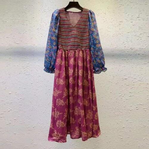 Vintage Women Summer Cotton Dress 2021 Full-Lenght Lantern Sleeve V-Neck Patchwork Flower Print Ruffles Long Party Holiday Dress