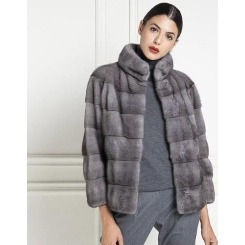 2021 New Real Mink Fur Jacket for Women High Quality Stand Collar Grey Color Genuine Mink Fur Coat Winter Fashion Fur Overcoats