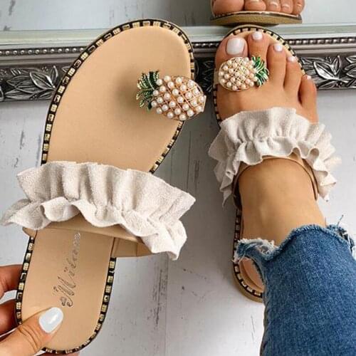Women Slipper Pineapple Pearl Flat Toe Bohemian Casual Beach Sandals Ladies Shoes Platform 2020 Designer Black Slides